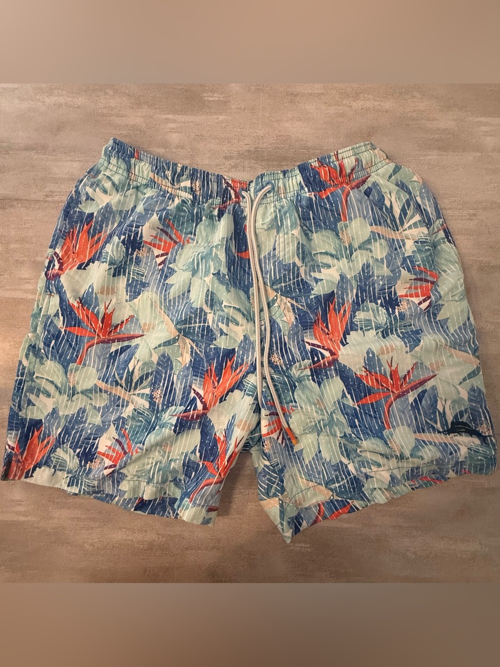 Tommy Bahama Tropical Bird of Paradise Swim Trunks Mens Medium Blue Teal Orange